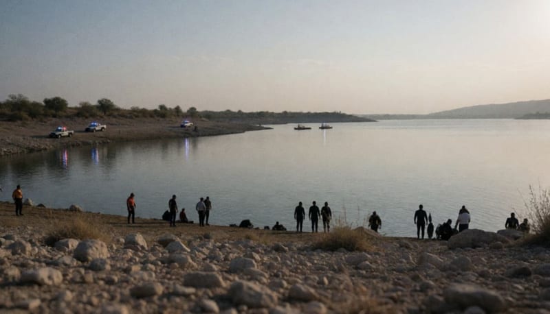 Orilla del lago Toronto en la presa El Tigre con elementos de rescate y personal de emergencia en el sitio