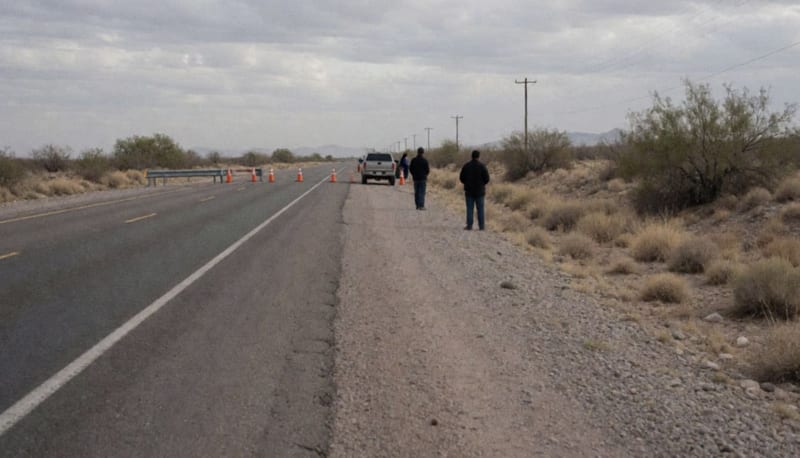 Acotamiento de una carretera árida al amanecer con conos naranjas, una camioneta a lo lejos y matorrales secos a los lados
