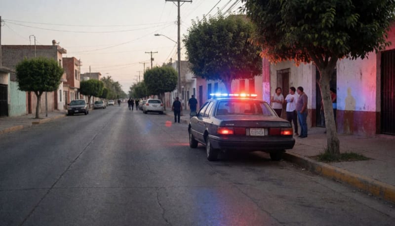 Sedán oscuro estacionado junto a la banqueta de una calle residencial al atardecer, con luces rojas y azules sobre el pavimento