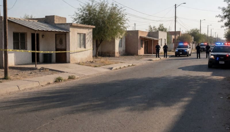 Casa acordonada con cinta de seguridad en una calle residencial, agentes municipales en el perímetro al atardecer