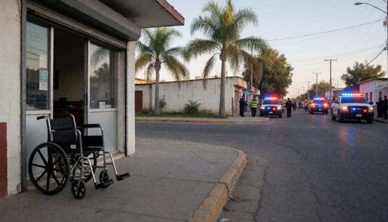 Silla de ruedas junto a la fachada de un negocio en una calle de la zona urbana, con iluminación de emergencia al fondo