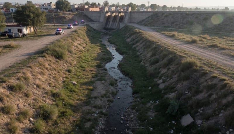 Cauce de arroyo seco cercano a la presa El Rejón con patrullas de policía en el acceso al sitio