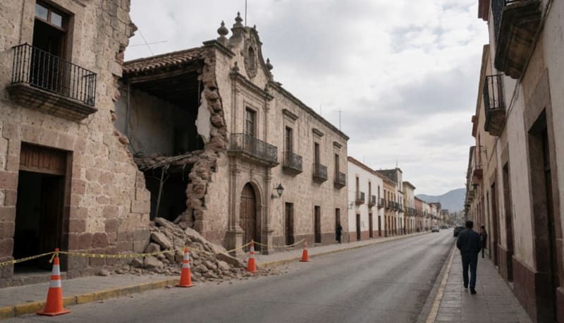 Finca antigua con parte de la fachada derrumbada y cintas de precaución en la banqueta