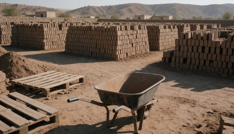 Patio ladrillero con hileras de adobes secándose al sol, una carretilla vacía y cerros áridos al fondo