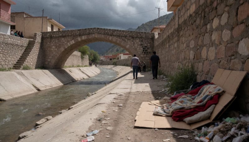 Cauce seco de un río bajo un puente de piedra con cartones, cobijas y basura mientras se acumulan nubes de tormenta