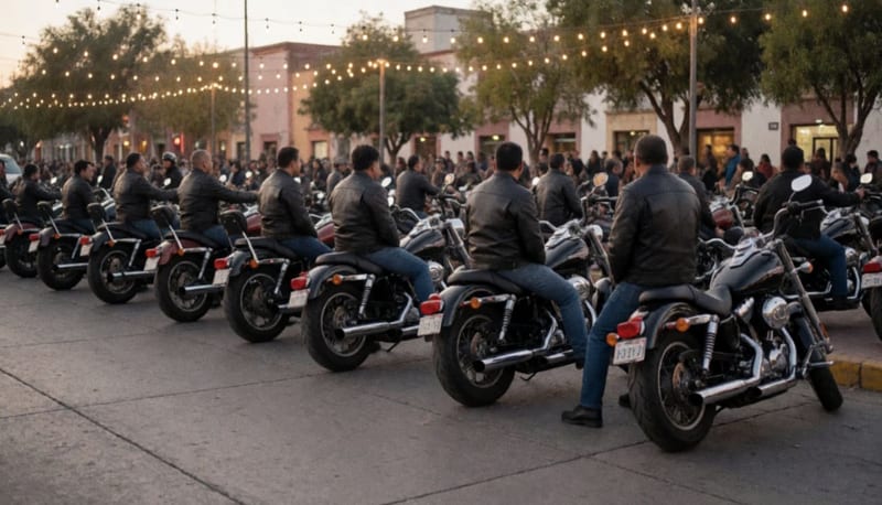 Hileras de motocicletas estacionadas en una plaza amplia al atardecer, con motociclistas vistos de espaldas conviviendo bajo luces cálidas