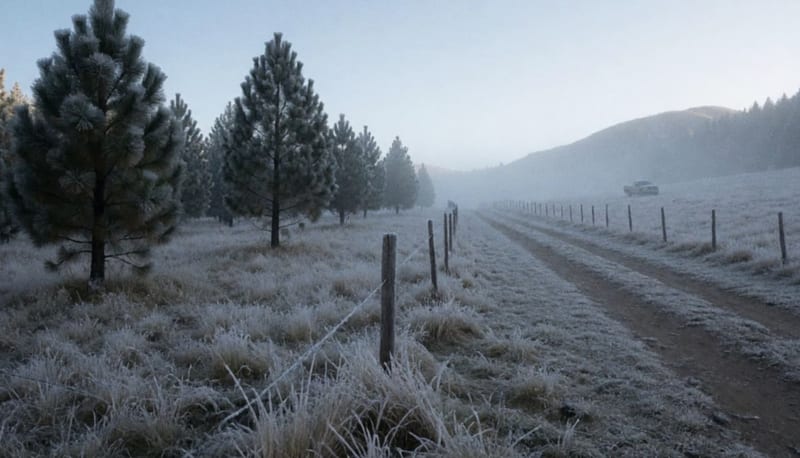 Pradera de la sierra cubierta de escarcha al amanecer, con pinos, un camino de terracería y neblina fría