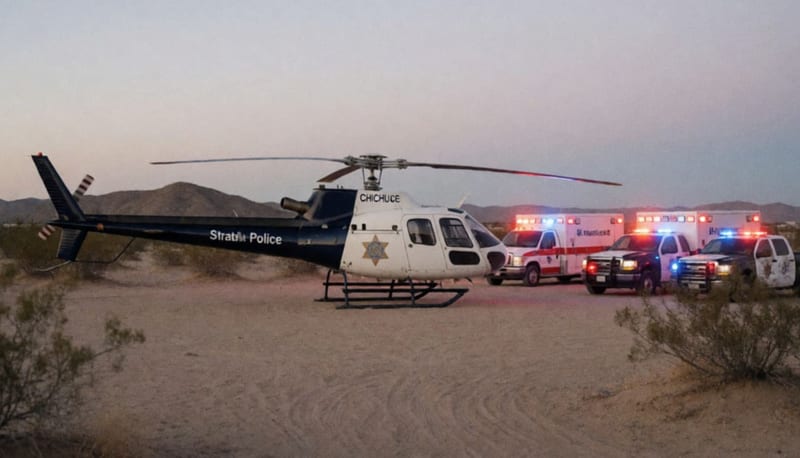 Helicóptero dañado por disparos estacionado en terreno desértico con vehículos de emergencia alrededor