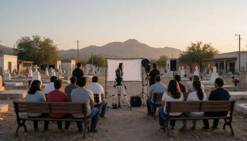 Asistentes reunidos en un panteón del norte de México durante una proyección cinematográfica al aire libre