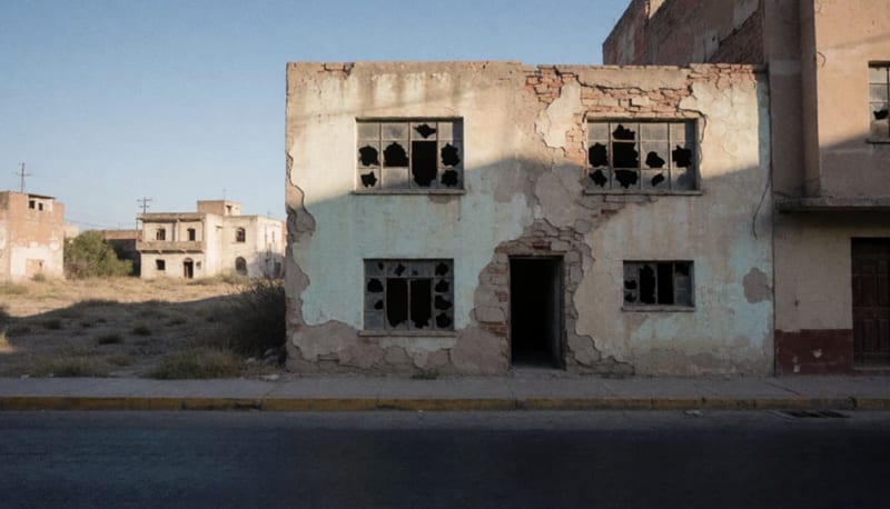Fachada deteriorada de una vivienda abandonada en una zona urbana del estado