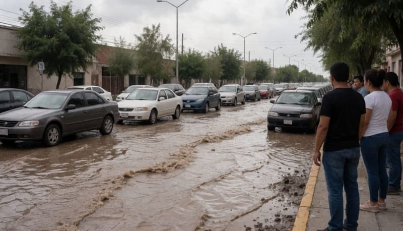 Avenida inundada con agua lodosa y personas observando desde la banqueta