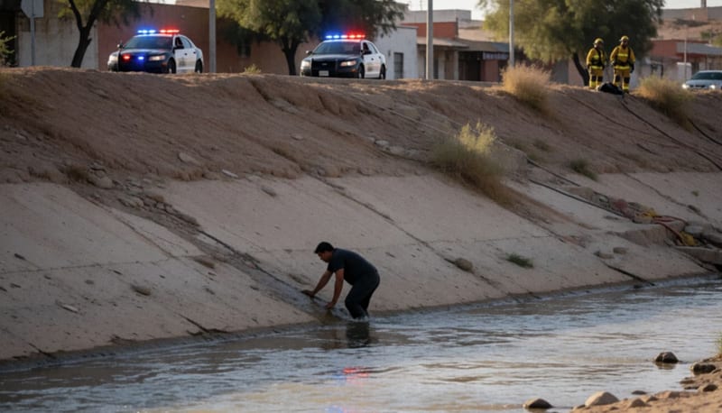 Hombre emergiendo del cauce del río Chuvíscar con luces de emergencia y bomberos en la zona