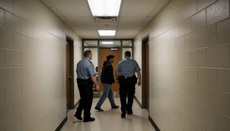 Pasillo interior de un tribunal donde un detenido es escoltado por oficiales durante una audiencia