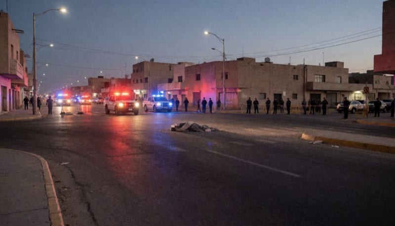 Cuerpo tendido en la vía pública con luces de emergencia iluminando la escena nocturna de la intersección