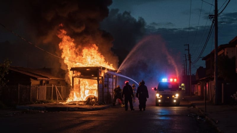 Bomberos apagando un incendio en una vivienda de madera mientras vecinos observan desde una distancia segura