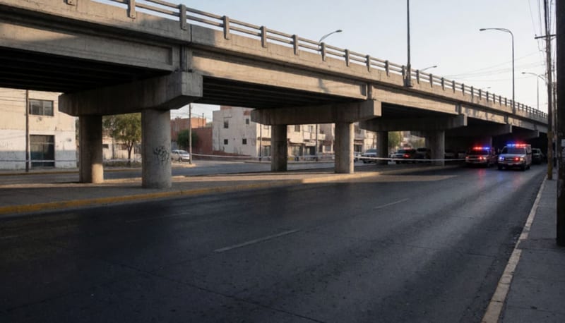Paso subterráneo de un puente urbano en Chihuahua con luces de emergencia al atardecer