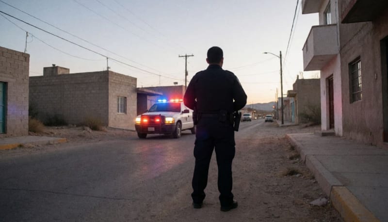 Luces de emergencia parpadean en una calle desértica de una localidad norteña durante un operativo de seguridad