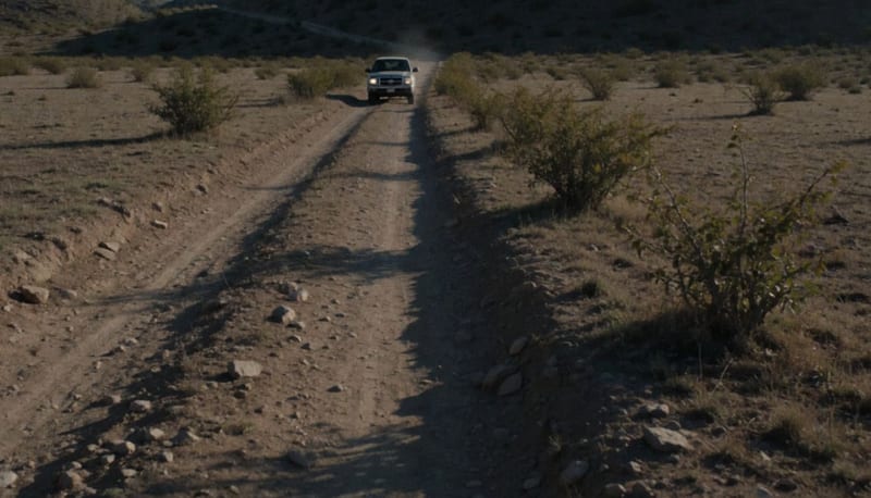 Camino de terracería en zona rural atravesando terreno árido con cerros al fondo