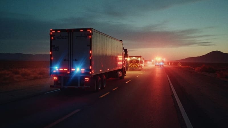 Camión tráiler estacionado en una carretera desértica con luces de emergencia activadas al atardecer