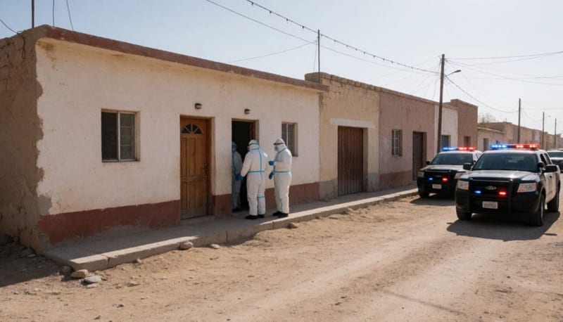 Personal forense en la entrada de una vivienda en Camargo, vehículos patrulla con luces en la calle árida