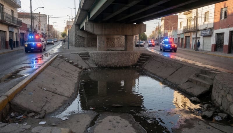 Zona bajo un puente urbano con agua estancada y luces de emergencia reflejadas en la superficie