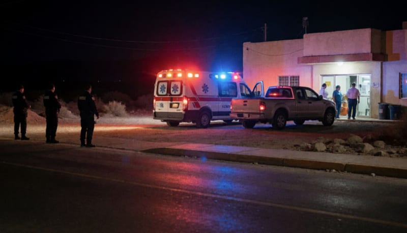 Ambulancia con luces de emergencia estacionada afuera de una clínica mientras agentes resguardan el perímetro