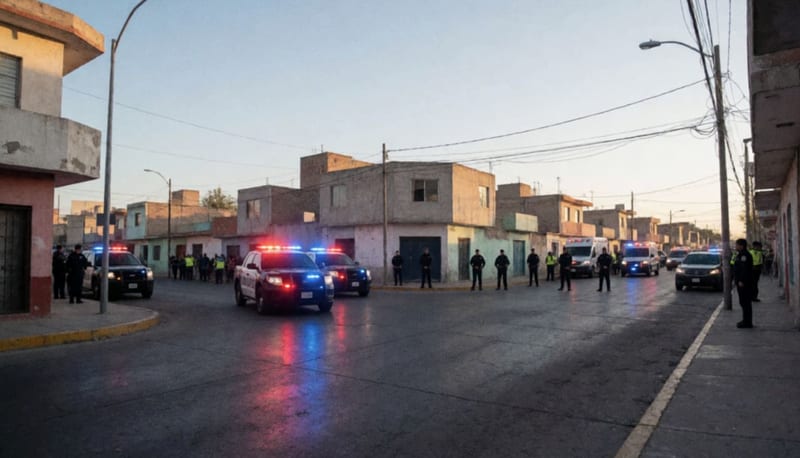 Patrullas con luces de emergencia acordonando una intersección urbana al atardecer en zona residencial