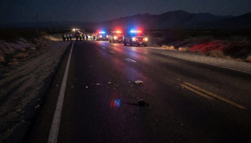 Carretera nocturna con luces de emergencia destellando sobre el asfalto y vehículos de respuesta en el lugar del accidente