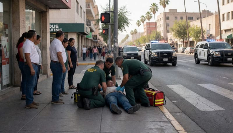 Paramédicos atendiendo a una persona tendida en la banqueta de una avenida céntrica durante el día