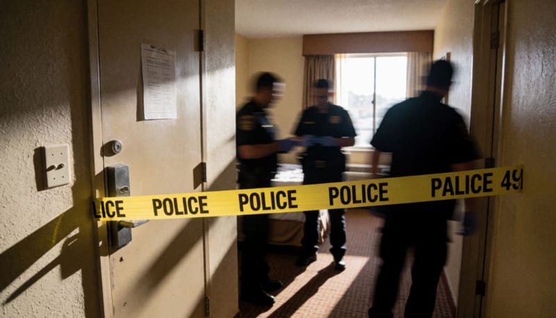 Puerta de habitación de hotel acordonada con cinta amarilla tras investigación criminal