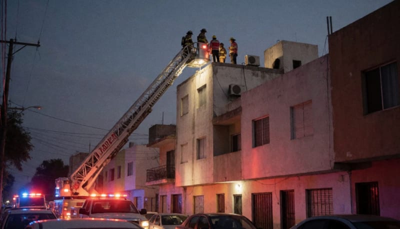 Camión de rescate con escalera extendida hacia la azotea de una casa al atardecer, con luces de emergencia iluminando la escena