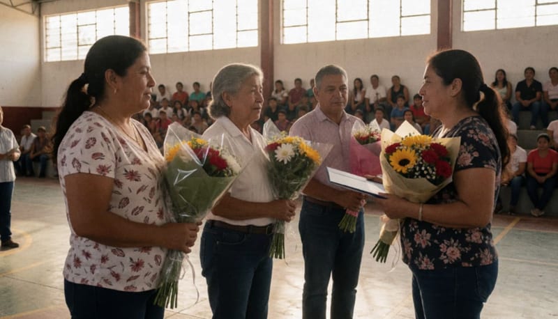 Ceremonia de homenaje a maestros jubilados en un gimnasio escolar con asistentes presenciando el reconocimiento