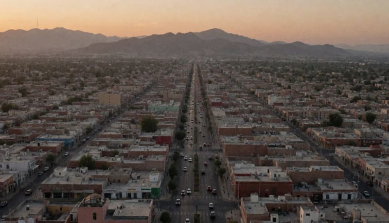 Vista amplia de Ciudad Juárez al atardecer con las montañas al fondo