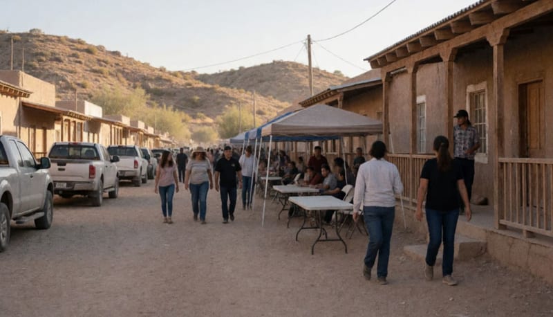 Visitantes caminan por una calle de tierra de un pequeño pueblo del desierto con casas de adobe y cerros al fondo