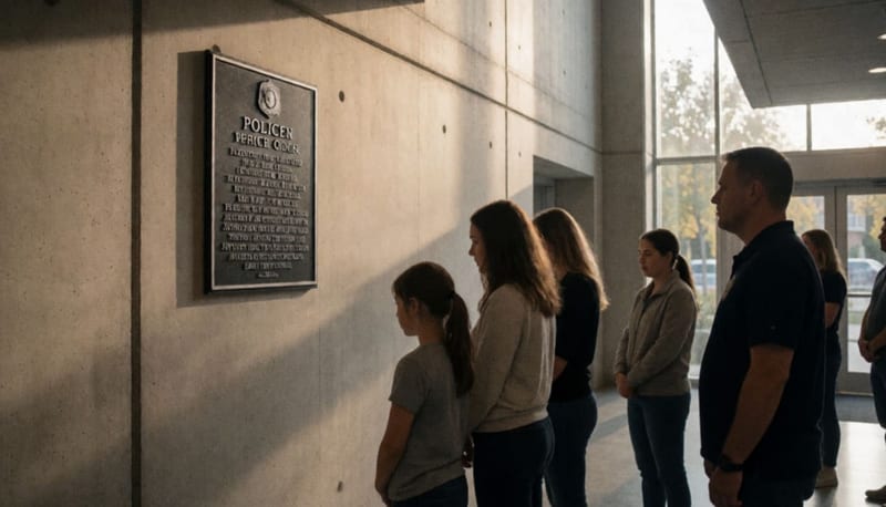 Familia reunida en silencio frente a un muro conmemorativo en edificio moderno de hormigón