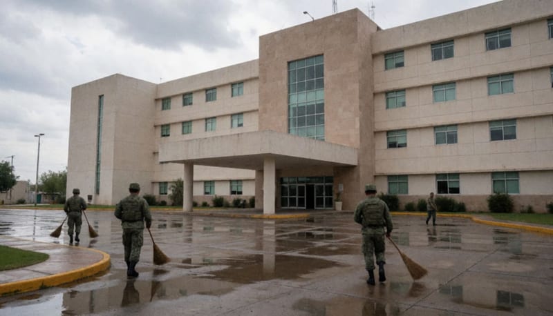 Exterior de un hospital con el pavimento mojado y personal limpiando a lo lejos