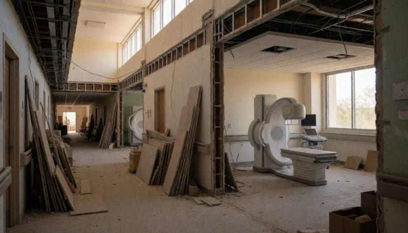 Área en construcción de un hospital con equipos médicos de imagenología en instalación