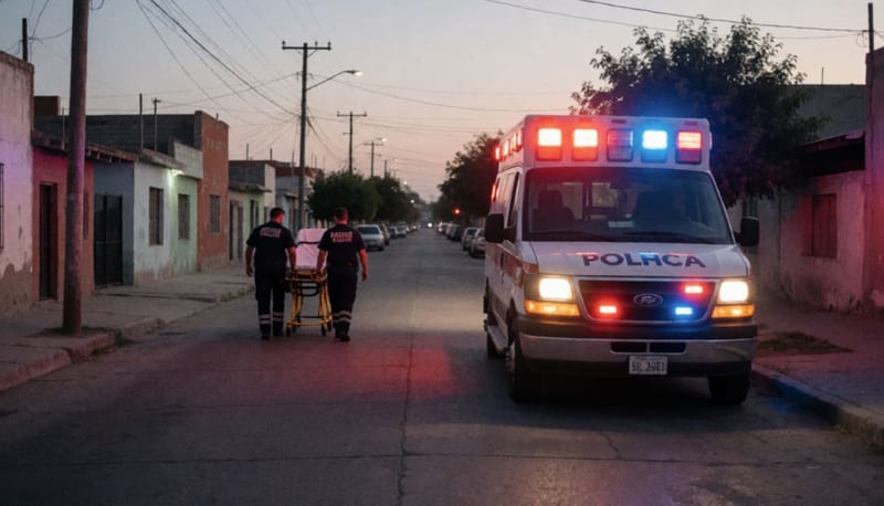 Ambulancia con luces de emergencia en una calle residencial al atardecer y paramédicos de espaldas junto a una camilla