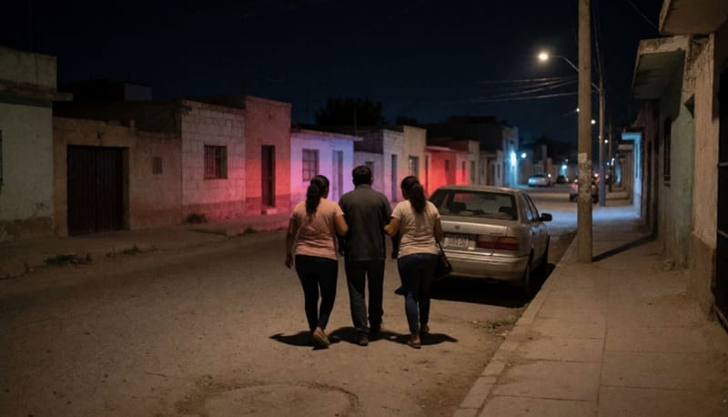 Dos mujeres ayudan a caminar a un hombre hacia un auto en una calle residencial de noche, con luces rojas y azules al fondo