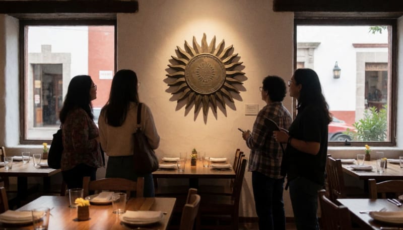 Placa conmemorativa en forma de sol instalada en la galería del restaurante con clientes de fondo