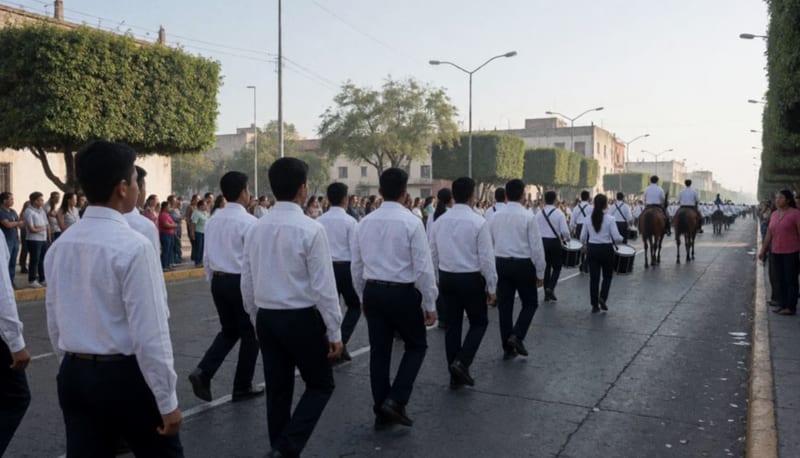 Estudiantes marchando en formación por una avenida amplia, vistos desde atrás, con espectadores en la banqueta bajo un cielo despejado