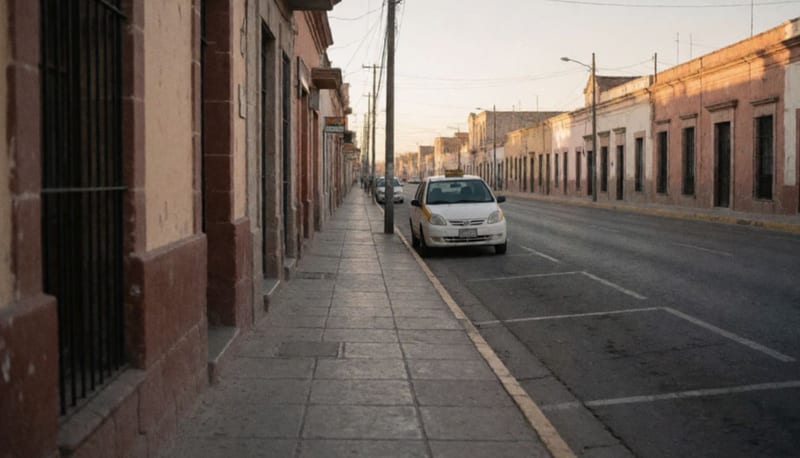 Avenida tranquila en Delicias con un auto blanco estacionado a lo lejos