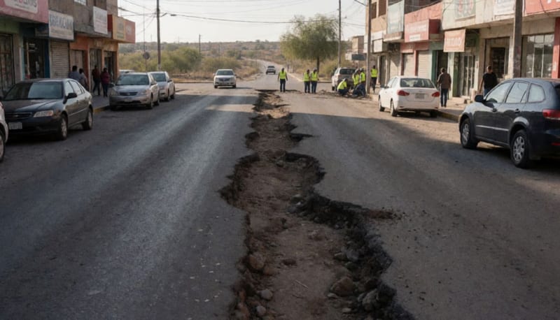 Hundimiento visible en el pavimento de una avenida con la base de tierra expuesta bajo la carpeta asfáltica