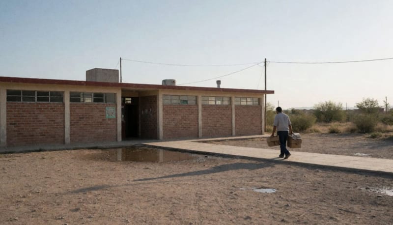 Escuela primaria con marcas de humedad en muros y acceso mojado tras las lluvias en la Zona Norte