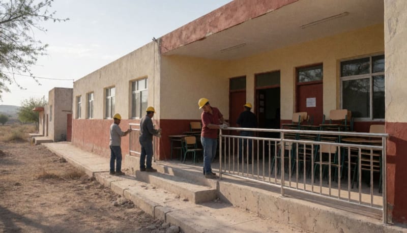 Trabajadores instalando equipamiento e infraestructura en la fachada de una escuela del norte de México