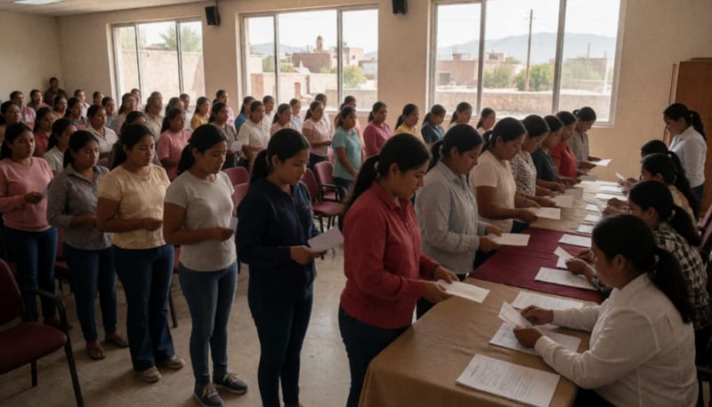 Mujeres jefas de familia reunidas en el interior de un teatro recibiendo apoyos económicos