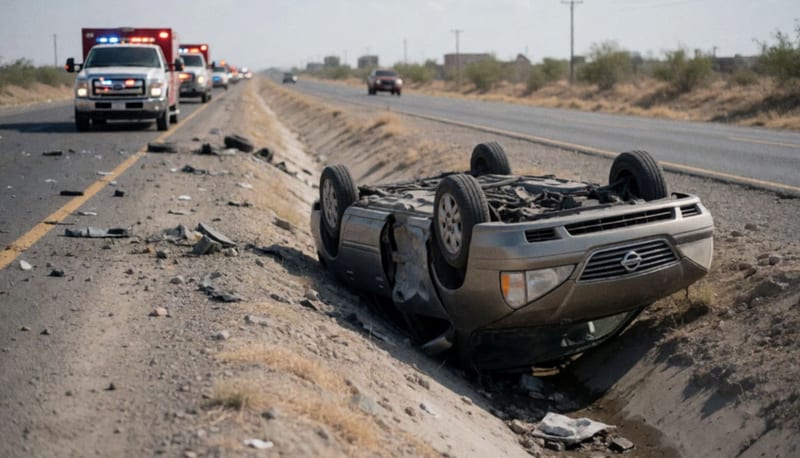 Vehículo volcado dentro de un dren a la orilla de la carretera desértica