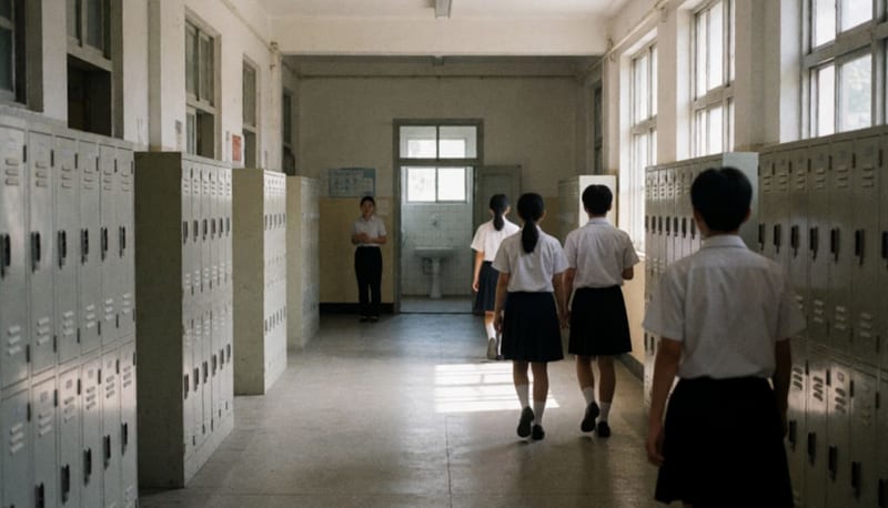 Pasillo escolar vacío con casilleros metálicos y luz de la mañana, con algunos estudiantes alejándose de espaldas
