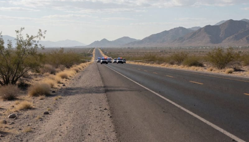 Carretera del desierto con operativo policial cordónando la escena al kilómetro 33