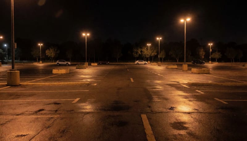 Estacionamiento de un centro comercial vacío de noche, iluminado por lámparas del alumbrado